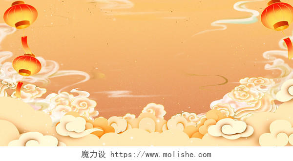 橙色国潮手绘中国风祥云云朵展板背景